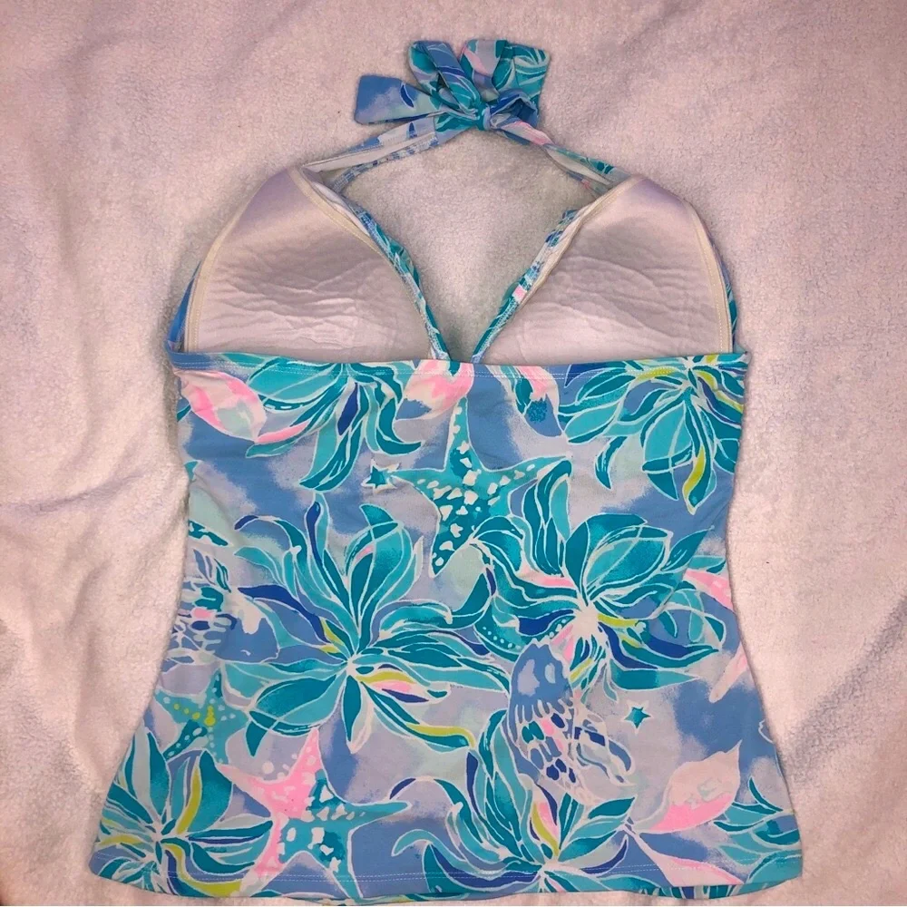 Lilly Pulitzer GUC Blue Floral Ruched Halter Tankini Top size 12